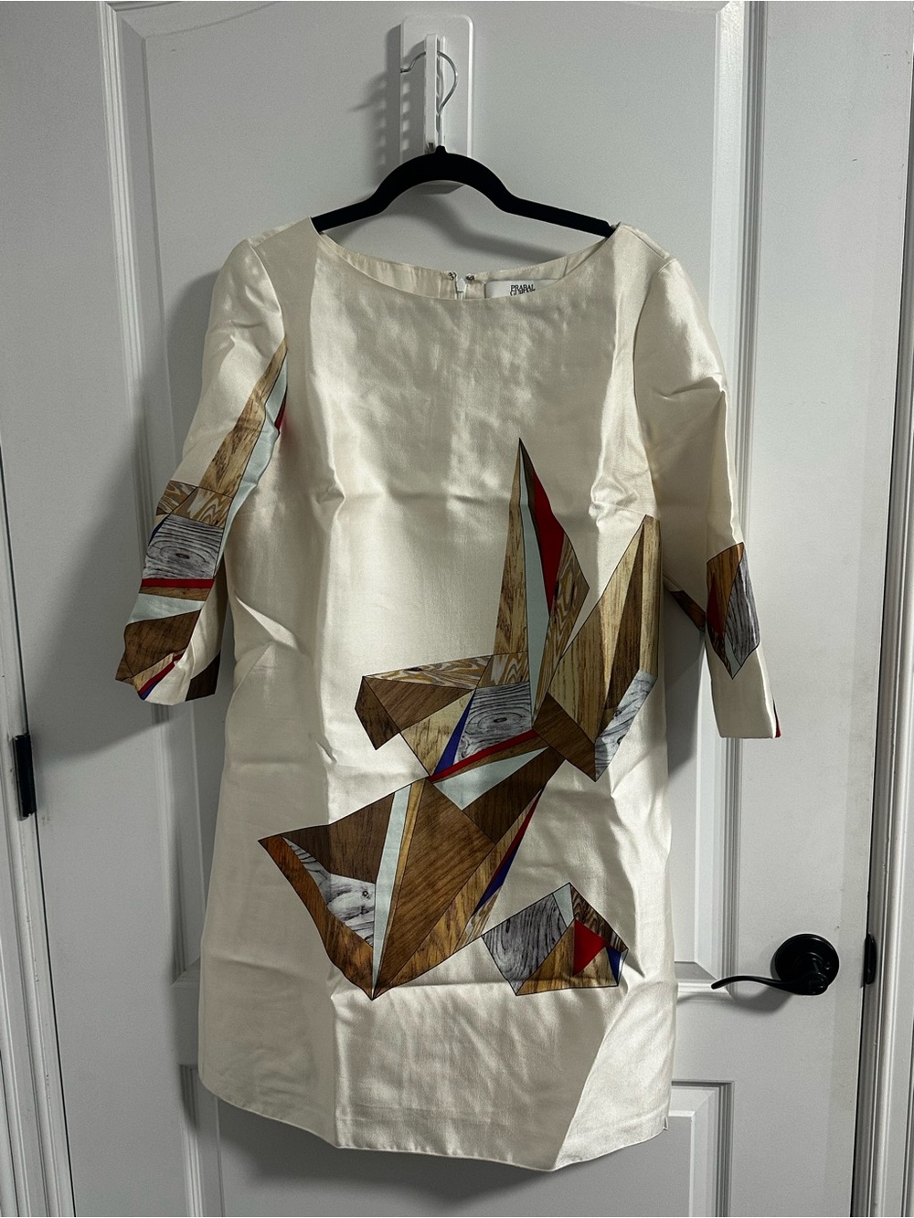 Cream Shift Dress with Geometric Wood-Print Accents